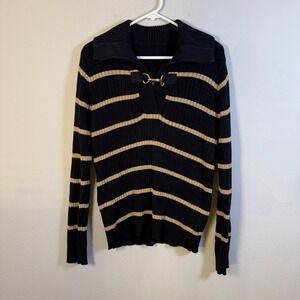 Lauren Ralph Lauren Black Gold Striped Ribbed Sweater Gold Clasp Nautical Womens